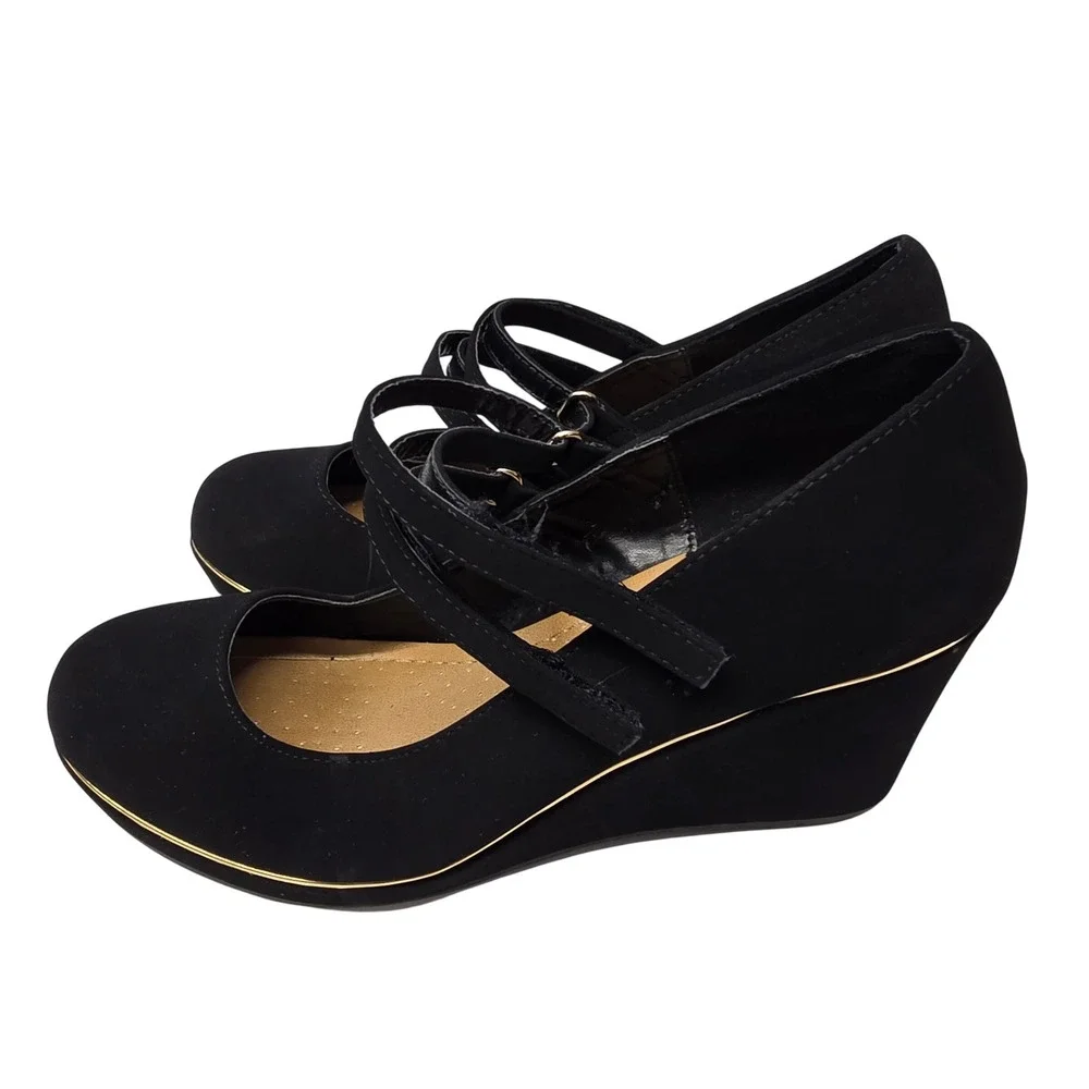 Andiamo Alydia Black Faux Suede Double Strap‎ Mary Jane Wedge Heels Womens 9.5M